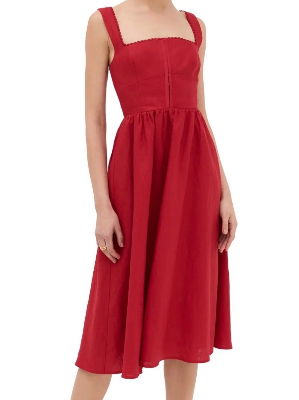 Reformation Tagliatelle Linen Lace Trim Midi Dress Red Size 8 *NWT*